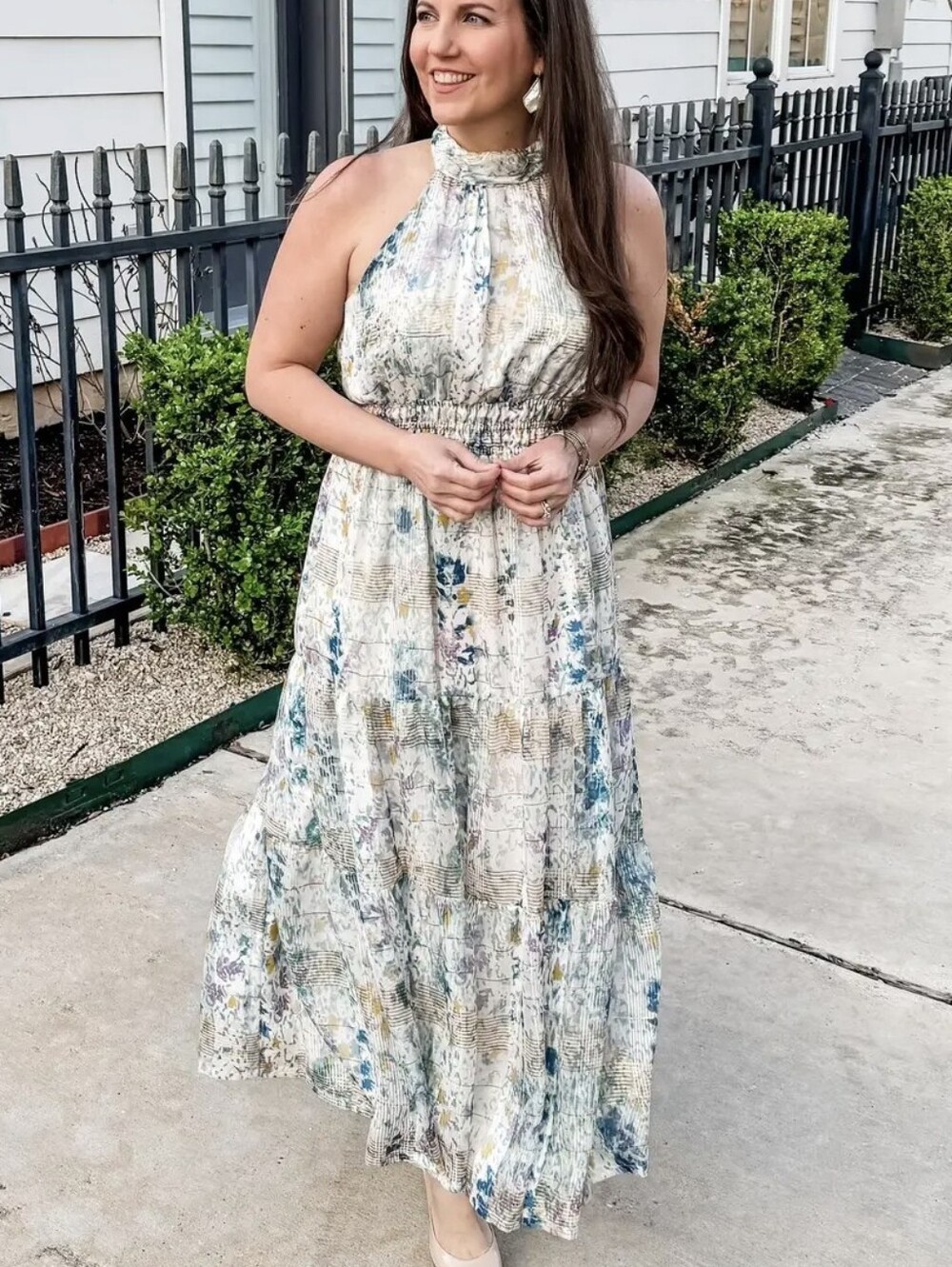 ANTHROPOLOGIE Somerset Chiffon Halter Dress Large metallic Gold Watercolor Maxi